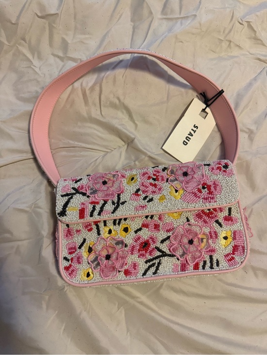 STAUD Handbags - STAUD Pink blossom Beaded Floral Shoulder Bag NWT